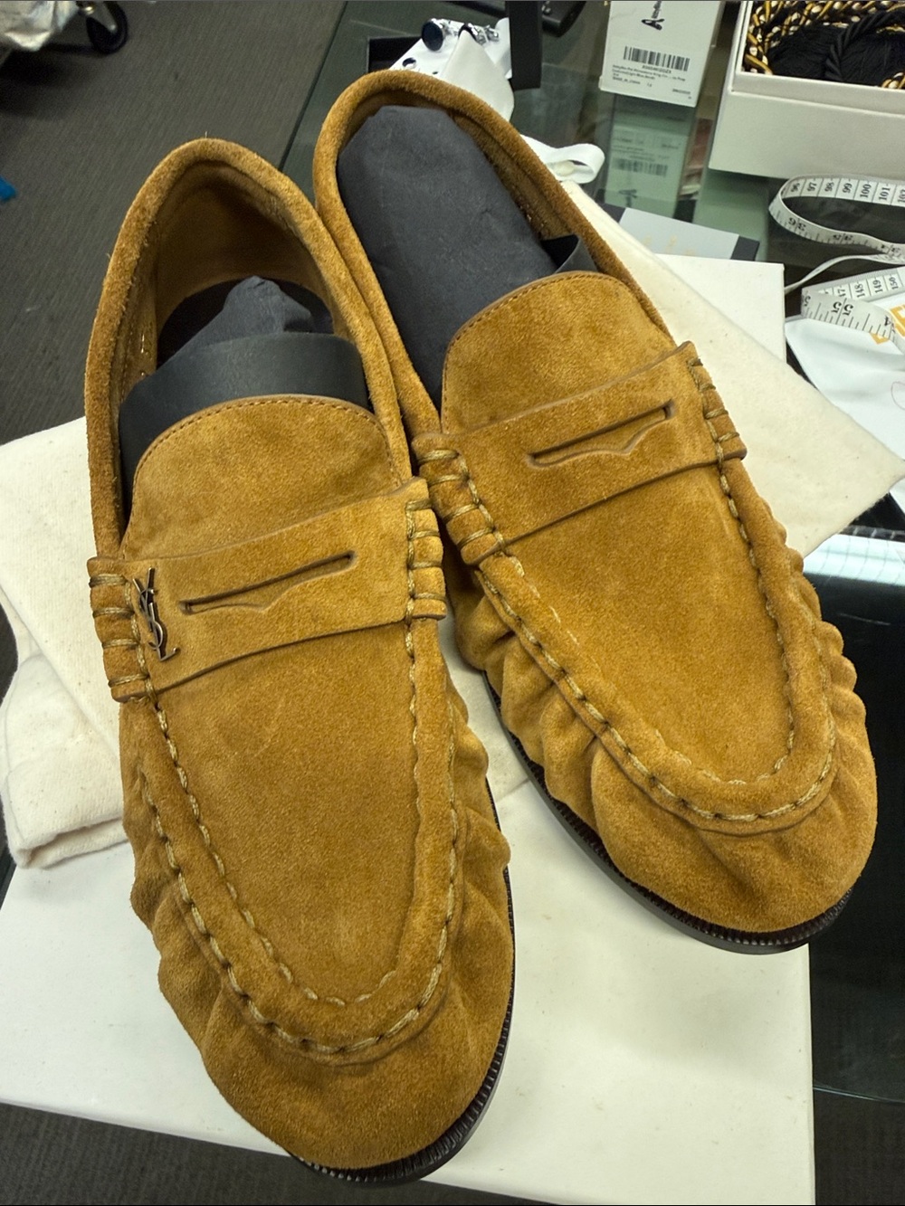 Yves Saint Laurent Suede Penny Loafers in Camel